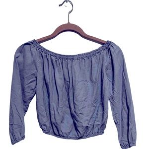Ruched Off The Shoulder Blue Crop Top w/ Long Sleeves
